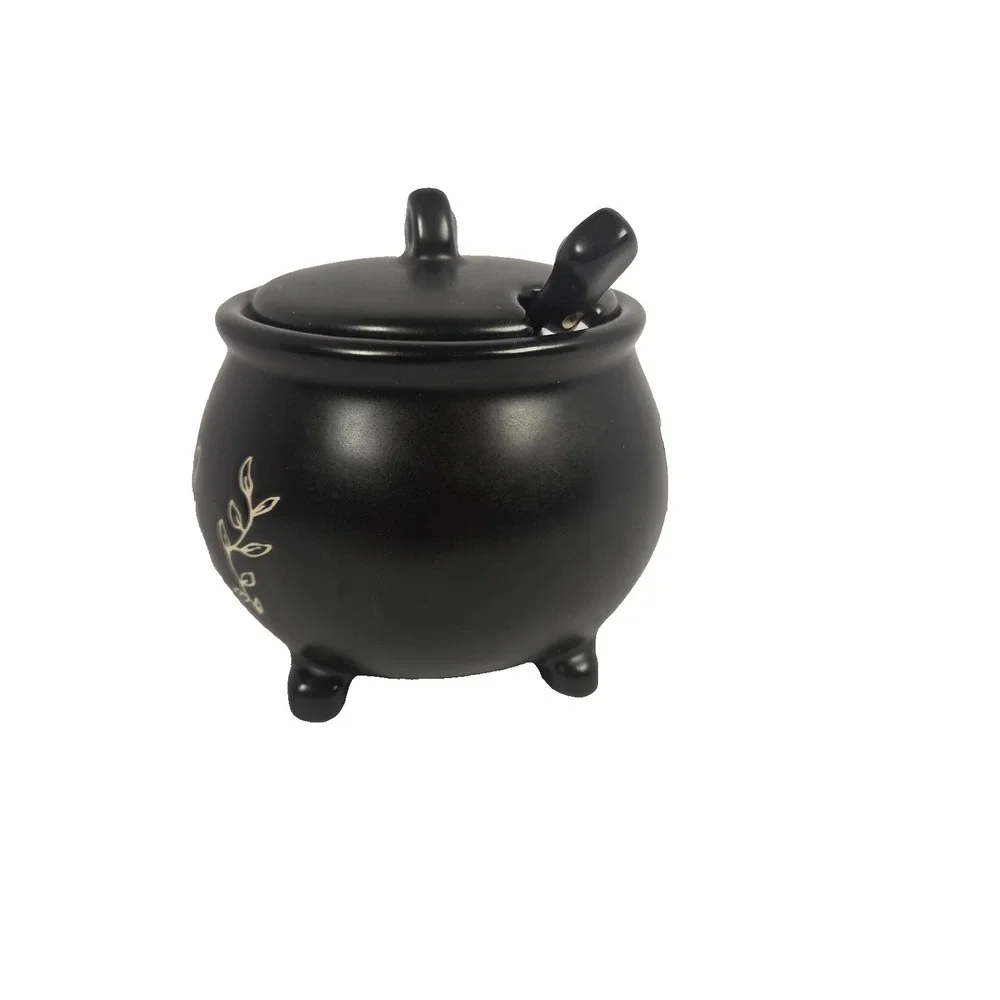 Rae Dunn DASH Cauldron Jar Lid Spoon Black Ceramic Moth Gothic Kitchen Decor